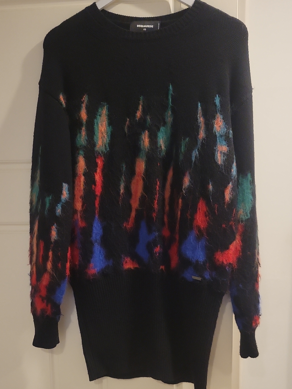 DSQUARED2 Black Crewneck Sweater with Multicolor Mohair Brushstrokes, Size XS